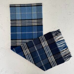 Etereo Made in Germany 100% Acrylic Fringed Plaid Scarf Hues of Blue & White OS